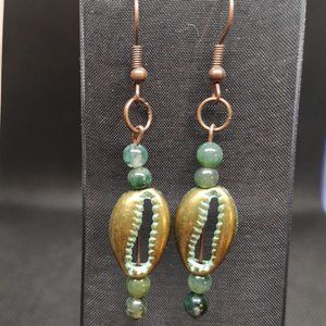 NEW - Handmade One-of-a-Kind Seashell Earrings with Green Jasper Beads